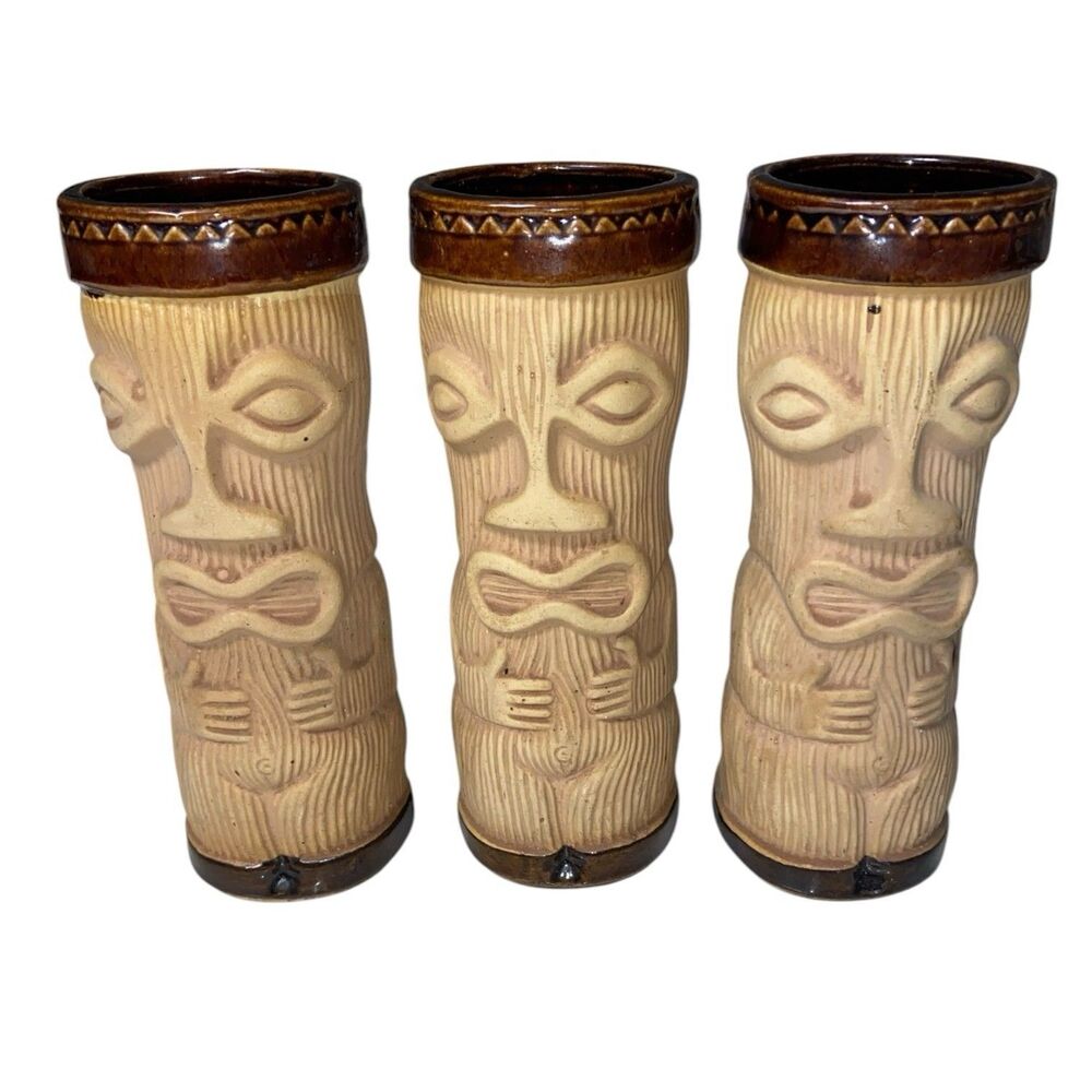 Vintage PMP Paul Marshall Unglazed Ceramic  Tiki Mug 12 Oz, Set of 3